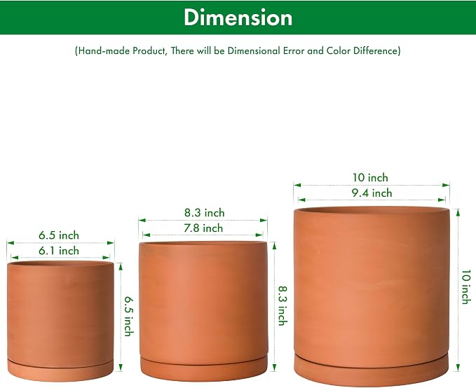 D'vine Dev Terracotta Pots for Plants, 6.5 Inch 8.3 Inch 9.5 Inch, Round Cylinder Planter Pot with Drainage and Saucer, 40-T-C-0