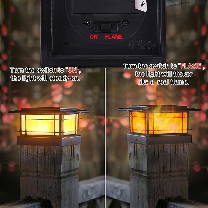 Dynaming 4x4 Solar Post Cap Lights Outdoor with Flickering Flame Light, 6 Pack Black Shell Fence Post Solar Lights Fit 4x4 Vinyl/Wooden Posts, Brightness LED Lighting Decor for Garden Deck Patio