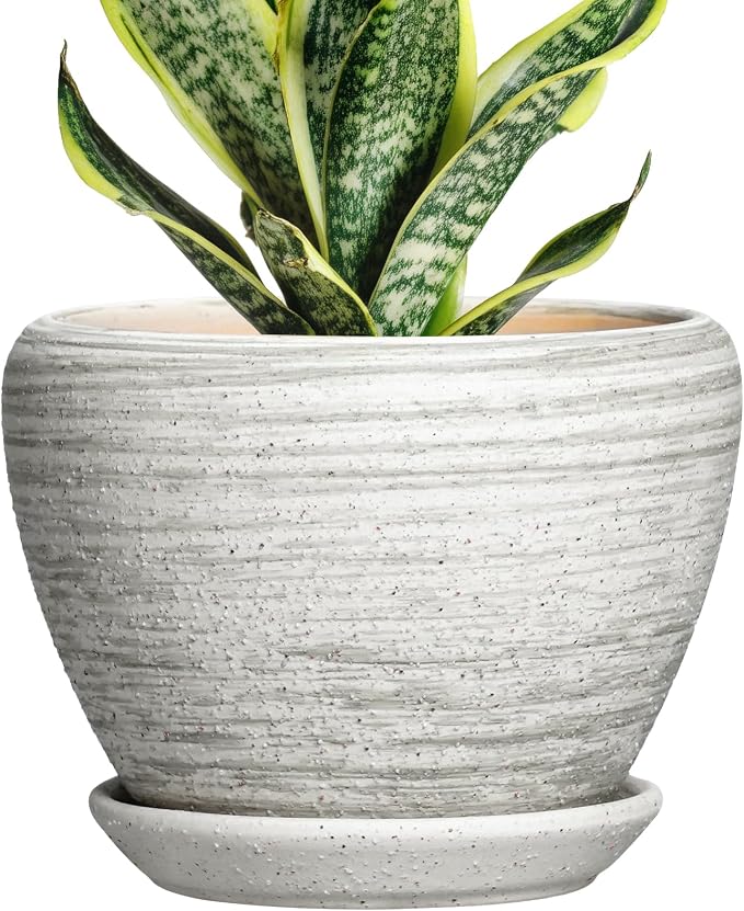 6 Inch Flower Pots - Ceramic Planters for Indoor Outdoor Plants, Ceramic Plant Pots with Drainage Hole and Saucer, Modern Round Plant Pot, Desk Decor, Gifts for Gardener, Textured Grey