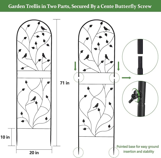 Garden Trellis for Climbing Plants, 71" H x 20" W, 2 Pack Heavy-Duty Metal Garden Trellis, Black Coated Rustproof Trellis for Plants Outdoor, Roses, Ivy, Flowers, and Vines