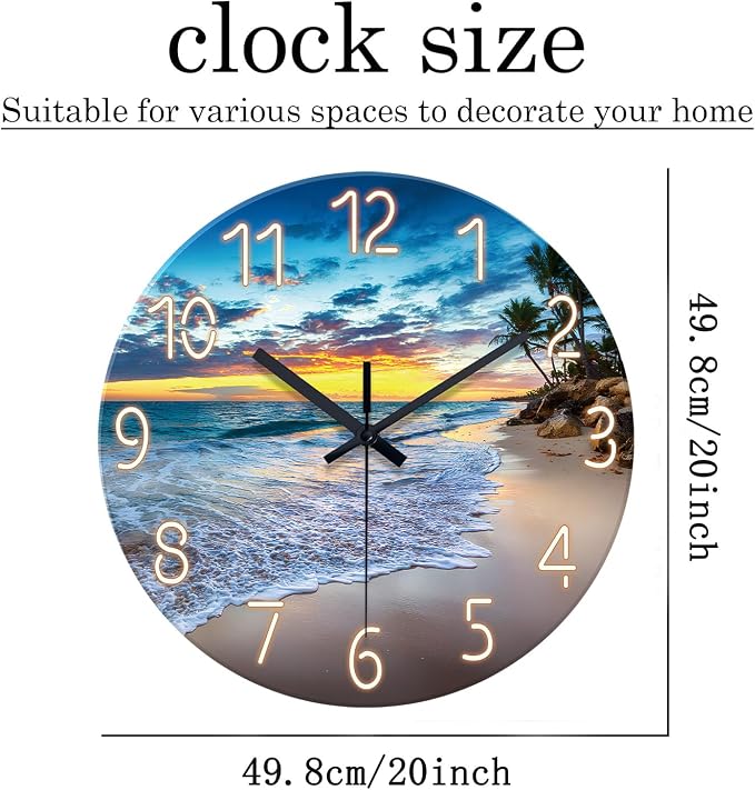 Glass Beach Wall Clock Battery Operated 20 Inch | Large Palm Tree Wall Clock for Living Room Bedroom Office Coastal Clocks for Walls Slien Wall Clock Non Ticking