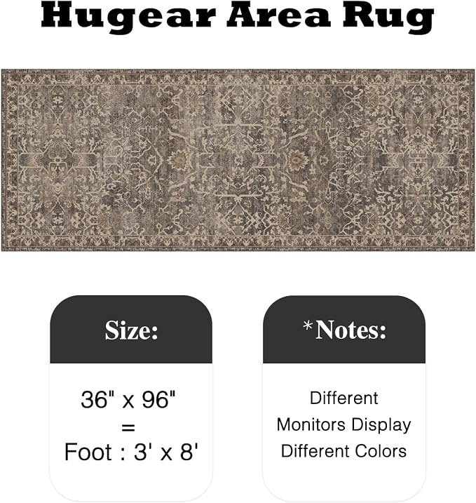 3x8 Brown Vintage Floral Washable Runner Rug for Hallway | Low Pile, Non Slip, Retro Style, Soft Distressed Indoor Rug for Entrance, Kitchen, Bedroom, Laundry Room, Home Decor