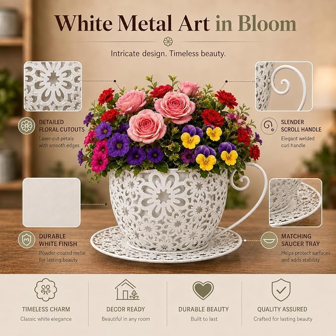 12 Inch Antique Metal Teacup Planter for Outdoor Plants Teapot Planter Floral Hollow Out Decorative Rustic Iron Flower Pot for Summer Garden Patio Home Decor (Cream White)