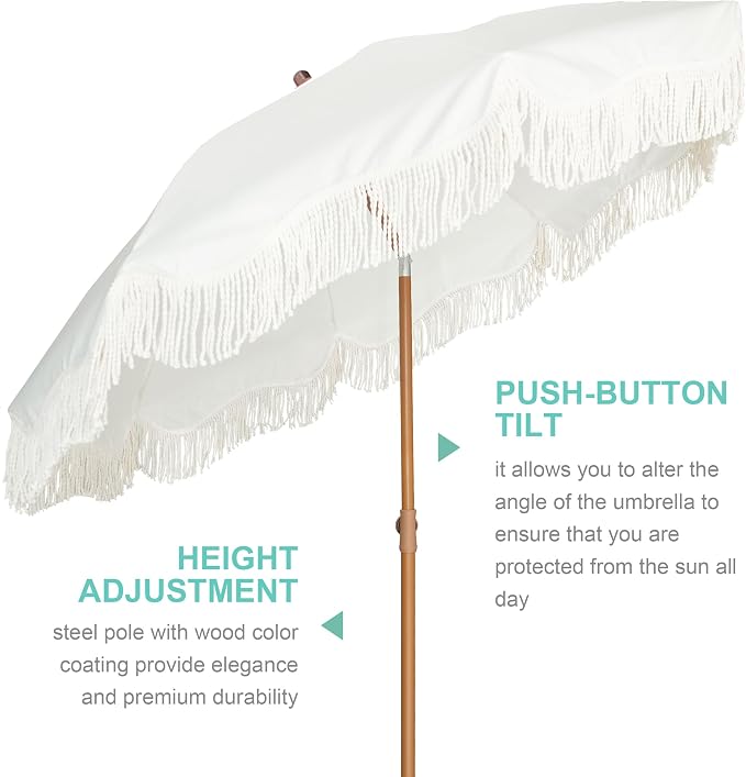 AMMSUN Boho Fringe Umbrella with Outdoor Blanket, 6.5ft UPF50+ Picnic Umbrella with Tassels with Steel Pole & Push Button Tilt, Antique White