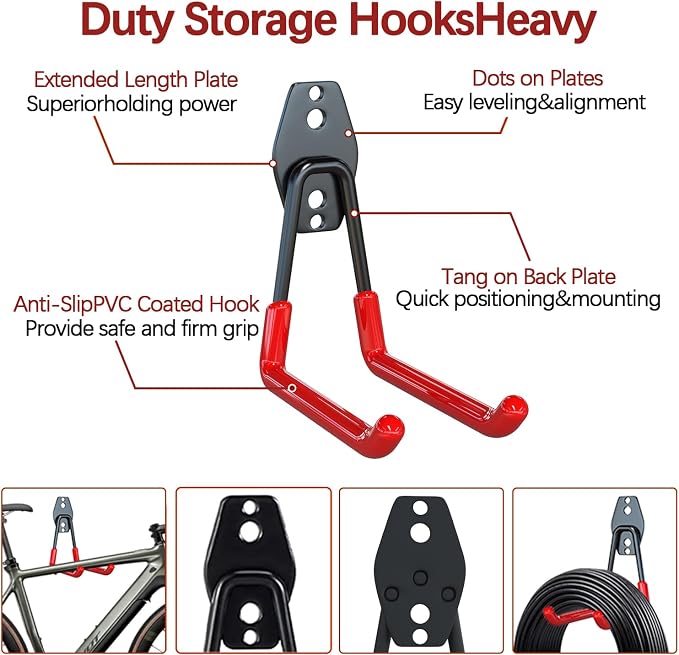 3-H Heavy Duty Garage Wall Hooks 8 Pack, 4.3 Inch Same Size, Anti-Slip PVC Coating Wall Mount Garage Storage Hooks for Ladders, Yard Tools, Shovel, Weed Eater, Hoses,Red