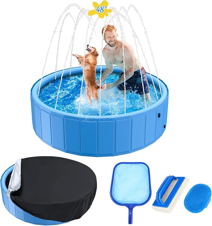 Foldable Dog Pool, 48in Large Sprinkler Pool with Cover, Heavy Duty Dogs Splash Pad with Sprinkler Bathtub for Large Medium Small Pets Summer Outside Water Playingg