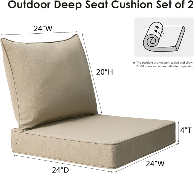 Unimatta Outdoor Patio Chair Cushions Set, 24" x 24", Set of 2, Water-Repellent, Fade Resistant, Deep Seat Bottom and Back Cushion for Backyard, Couch, Sofa and Patio Furniture, Tan