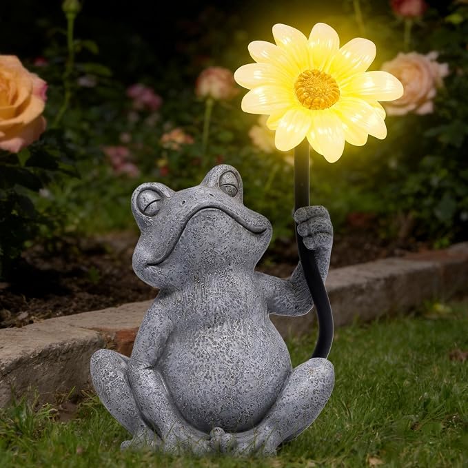 basen Solar Frog Garden Statue with Sunflower Light, Outdoor Solar Frog Figurine Decor for Yard Lawn Patio, Resin Frog Sculpture with LED Solar Lantern for Garden Landscape Ornament
