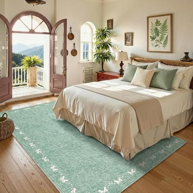 COZYLOOM 9x12 Large Bow Border Area Rug for Living Room, Machine Washable Area Rugs for Bedroom, Non Slip Non Shedding Solid Color Rug Stain Resistant Low Pile Mats for Dining Room, Office, Green