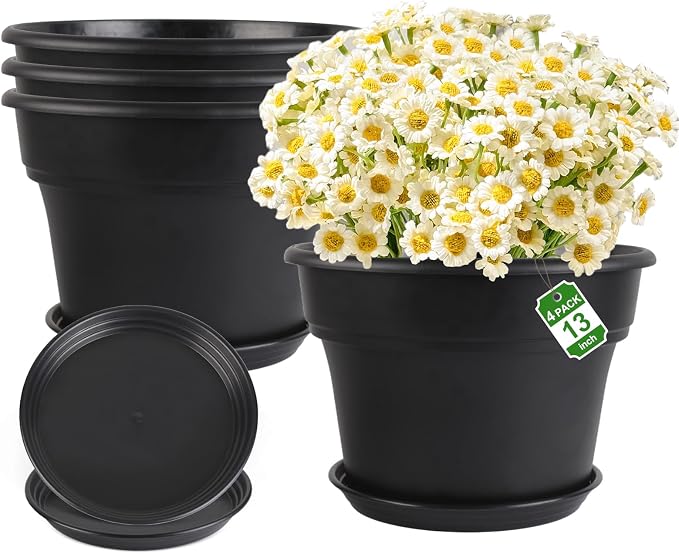 Myfeegoin 13-inch-Plant-Pots, 4 Pack Large Planters for Outdoor Plants, Plastic Flower Pots Indoor with Drainage Holes & Trays, Classic Garden Pot Container for House