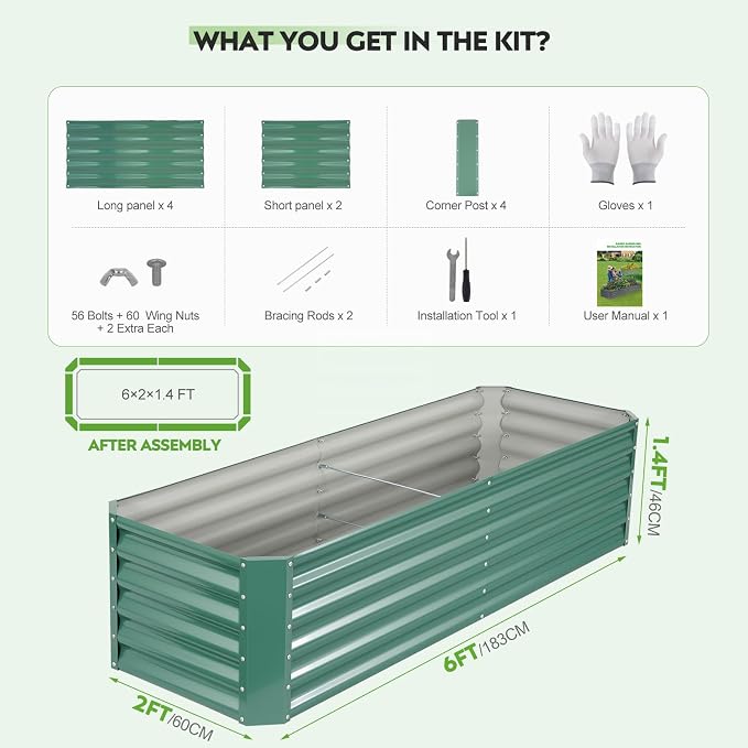 6×2×1.4ft Galvanized Raised Garden Bed Kit, Metal Planter Boxes Outdoor, High Raised Beds for Vegetables, Fruits, and Flowers - LotusGreen