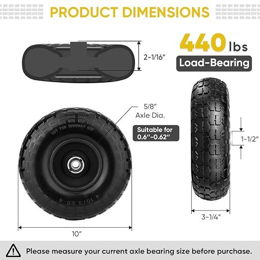 TICONN 10" Solid Tires, 2 Pack Flat Free 4.10/3.50-4'' Wheels with 5/8” Axle Bore Hole and Double Sealed Bearings (Black, 2PK)