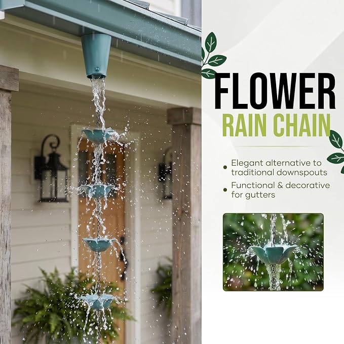 Blue Flower Rain Chain - 8.2FT Iron, 16 Flower Cups, Glass Marble & Bell, Gutter Adapter Included, Outdoor Garden Decor