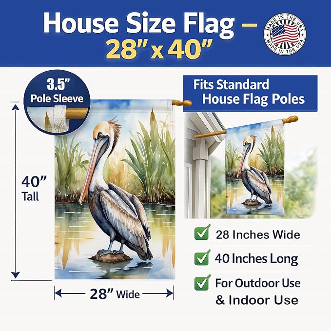 Caroline's Treasures Louisiana Brown Pelican House Flag Large Porch Sleeve Pole Decorative Outside Yard Banner Artwork Wall Hanging, Polyester, House Size, Multicolor