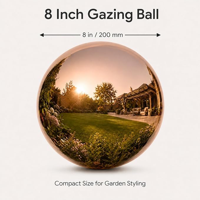 Gazing Ball Garden Mirror Outdoor, 8inch Outside Decorative Globe Rose Gold | Metal Polished Reflective Sphere, Stainless Steel Hollow Decoration Ornament for Home Pond Swimming Pool Housewarming Gift