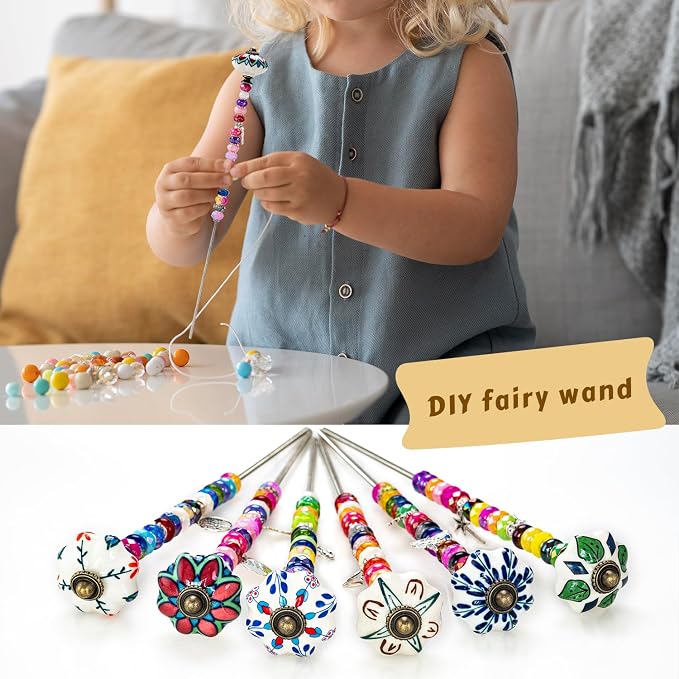 Decorative Garden Stakes DIY Fairy Wand Beaded Garden Plant Stakes Kit with Ceramic Stopper Tops Silver Pendant Threaded Rod,100 Colorful Beads for Indoor Outdoor Plant Flower Pot Décor