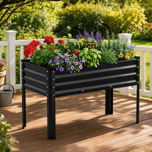 COMHOMA Raised Garden Bed with Legs 4x2x2.5ft,Large Elevated Galvanized Metal Planter Box with Drainage Holes,Outdoor Growing Kit with Gloves Tools for Backyard Patio Lawn,Black