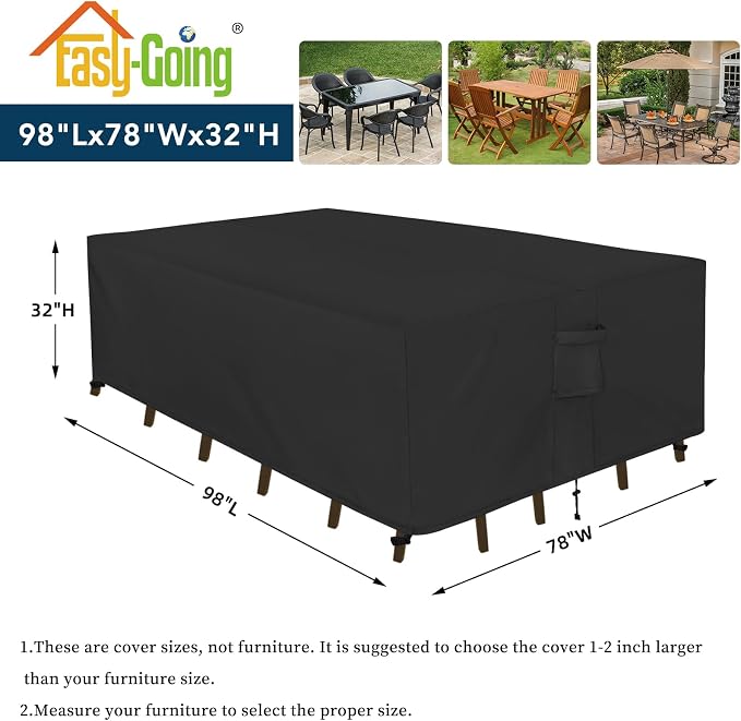 Easy-Going Rectangle Patio Furniture Cover Waterproof Outdoor Dining Table and Chair Cover Anti-UV Outside Sectional Sofa Set Covers (98"L x 78"W x 32"H, Black)