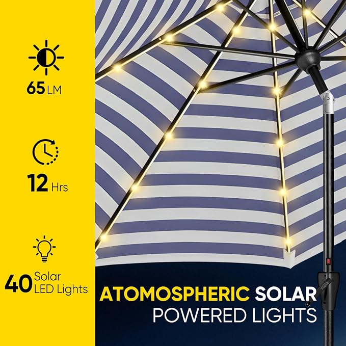Tempera Solar Patio Umbrella 40 LED Lighted Outdoor Umbrella Table Market Umbrella with Push Button Tilt and Crank, Solar Umbrella with Sturdy Pole&Fade Resistant Canopy, Easy to Set