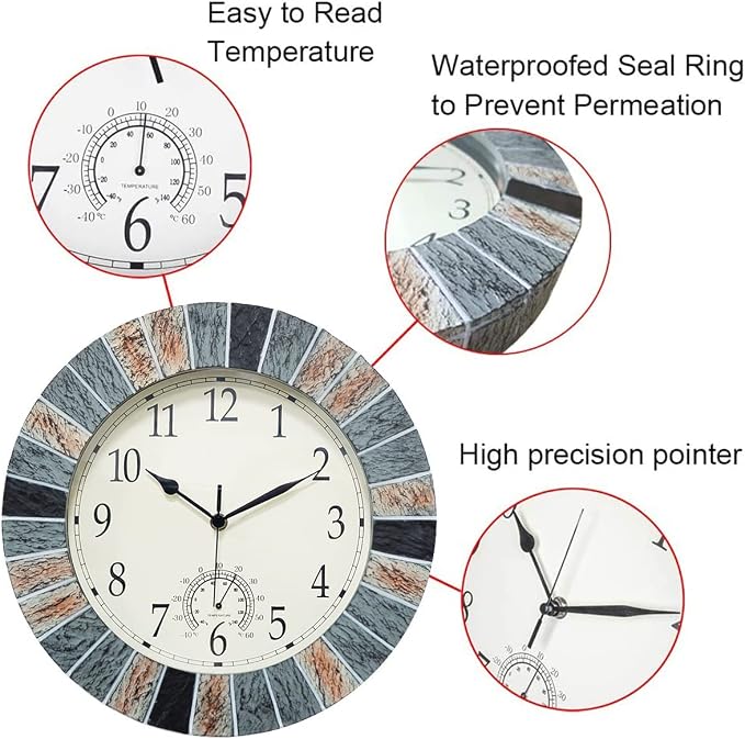 UMEXUS Outdoor Clock with Thermometer, 13 Inch Retro Large Waterproof Wall Clocks Indoor Silent Non-Ticking Battery Operated Weatherproof Decor for Patio Garden Pool Mother Gift
