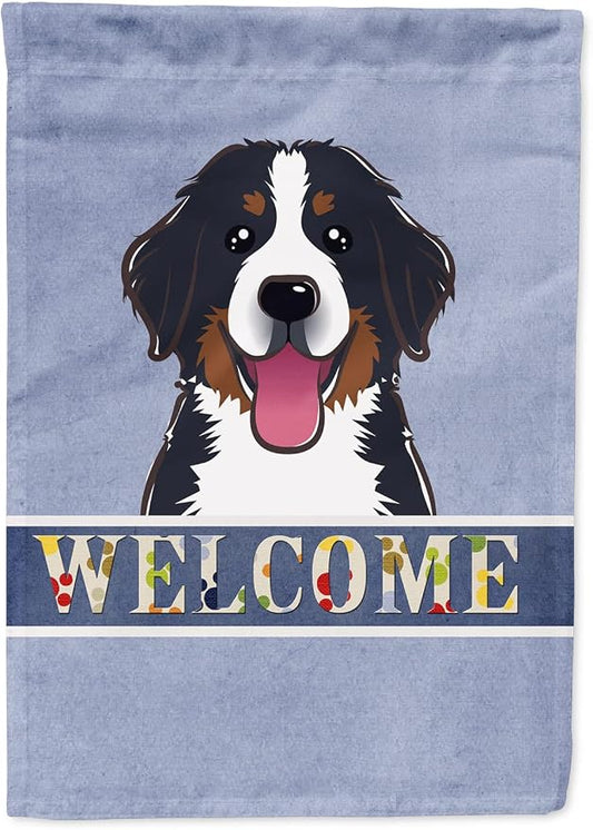 Caroline's Treasures BB1423CHF Bernese Mountain Dog Welcome House Flag, Blue Large Porch Sleeve Pole Decorative Outside Yard Banner Artwork Wall Hanging, Polyester, House Size, Multicolor
