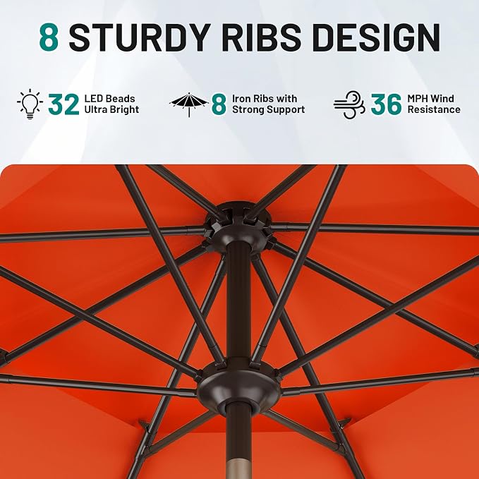 AreShark 9ft 2 Tiers Patio Umbrella with Solar Lights, Outdoor Umbrella w/ 32 LED Lights&8 Sturdy Ribs, Table Umbrella for Deck, Backyard, Pool(Orange)