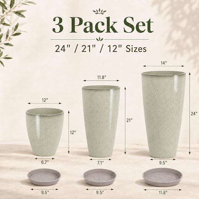 Neoaider Set of 3 Tall Planter, 24/21/12in Large Plastic Planter, DripGlaze | Ceramic-Look, Lightweight, Built-in Drain Hole, Saucers, Tall Outdoor Planter for Porch, Garden, Patio, Balcony