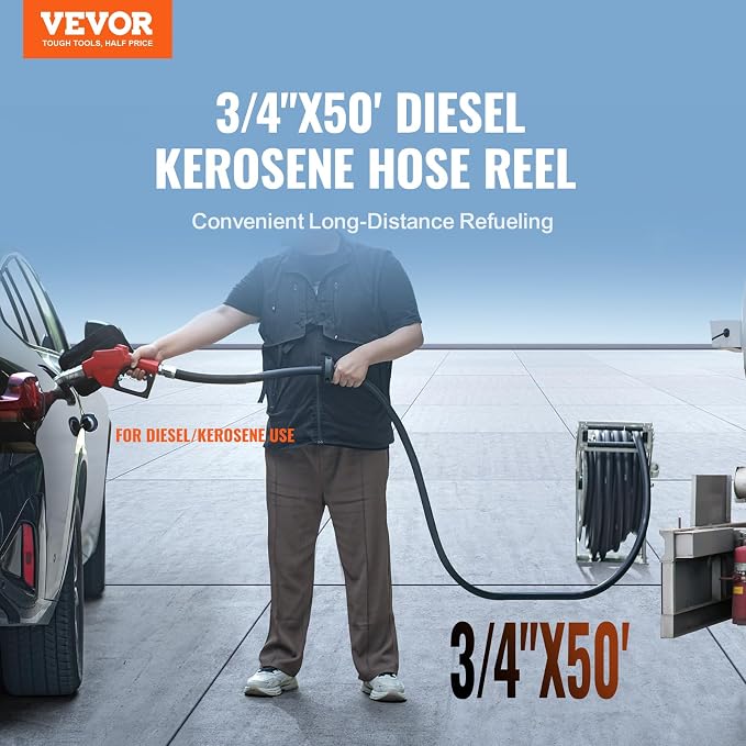 VEVOR Diesel Fuel Hose Reel 3/4" x 50', Retractable Hose Reel Extra Long, Heavy-Duty Carbon Steel Construction with Automatic Fuel Nozzle, NBR Rubber Hose for Vehicle Ship Aircraft Tank Truck, 300PSI