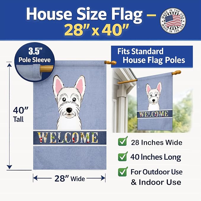 Caroline's Treasures BB1412CHF Westie Welcome House Flag, Blue Large Porch Sleeve Pole Decorative Outside Yard Banner Artwork Wall Hanging, Polyester, House Size, Multicolor