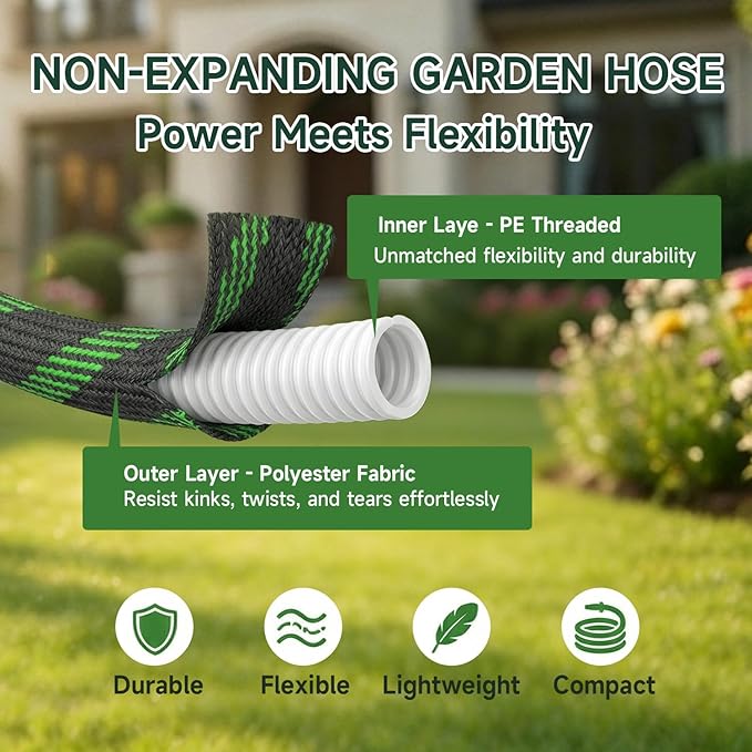 Non-Expandable Garden Hose 50 FT, Heavy-Duty & Flexible Water Hose with 10-Function Nozzle, Kink-Free & Leak-Proof Design, Ultra Lightweight Portable Yard Hose for Lawn, Car, Outdoor Use