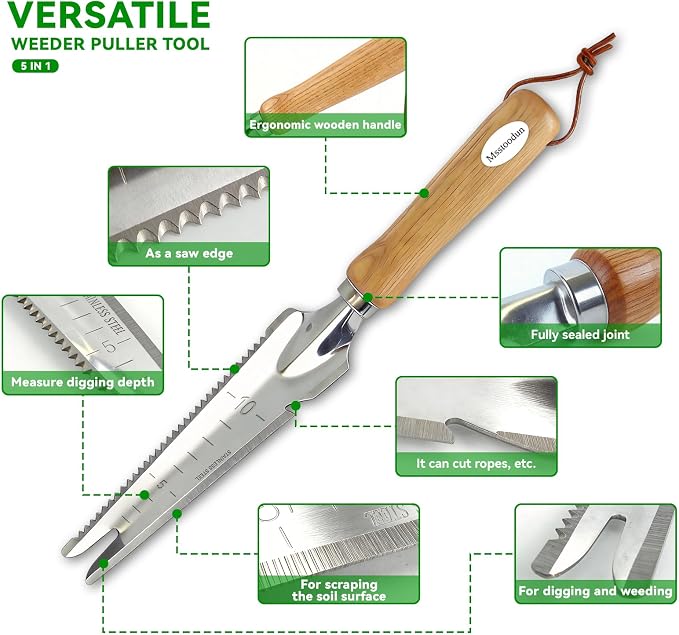 4PCS Garden Weeding Tool Set, Hand Weeder Tools with Wooden Handles, Double Claw Root Hook, V-Shape Weed Puller, Crack Weeder & Stainless Steel Garden Trowel for Digging, Planting & Weed Removal