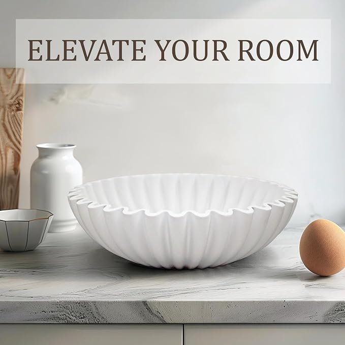 LIN CHUAN Ruffle Decorative Bowl, Large Fruit Bowl for Kitchen Counter, Stylish Key Bowl for Entry Table, Handcrafted Home Decor Display bowl, White