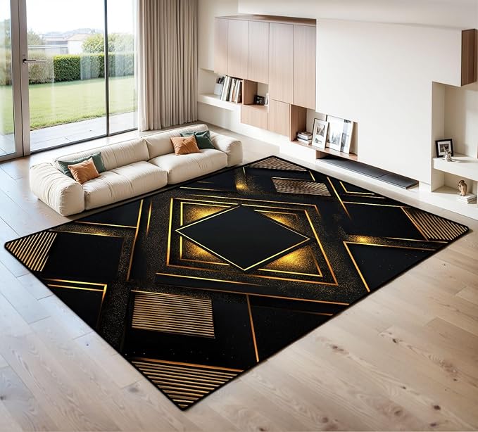 9x12 Area Rugs for Living Room Black Gold Geometric Stripe Decorative Repeated Patterns Radiating Washable Large Area Rug for Bedroom Non Slip Outdoor Carpets Soft Mats Kitchen Home Office Decor