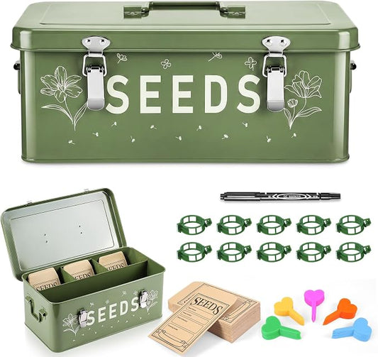 Seed box, Seed storage box, Garden seed organizer | 50 Seed Envelopes, 100 Plant Labels (5 Colors), 50 Plant Clips, 4 Compartments Garden Seed Bin with Safety Locks-Green