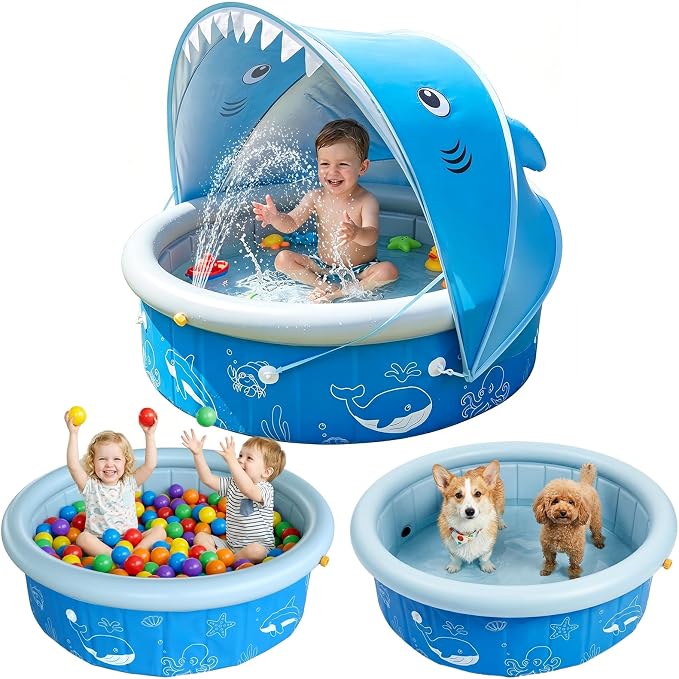 Kiddie Baby Pool with Canopy Sprinkler, 47in Foldable Toddler Pool | Anti-Slip Baby Swimming Pool with Shade, Portable Small Pool & Ball Pit for Kids Age 1-6, Backyard Outdoor Water Play Toy