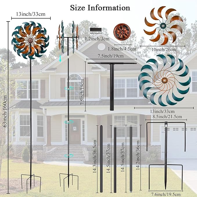 Stargarden Garden Wind Spinners, 13”W Kinetic Wind Sculptures | 4 Layers Windmills Lawn Ornament Décor