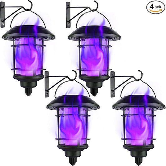 Dynaming Solar Purple Flame Wall Lanterns, Outdoor Halloween Hanging Lights, Flickering Flame LED Auto On/Off Wall Mounted Sconce Lights with Hooks, Waterproof for Garage Stair Patio Porch, 4 Pack