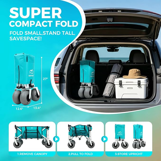 Heavy Duty Beach Wagon with 9" Big Sand-Proof Balloon Wheels, 200L Oversized Foldable Beach Cart, 440LBS Utility Wagon with Side Pocket for Sand,Camping,Vacation