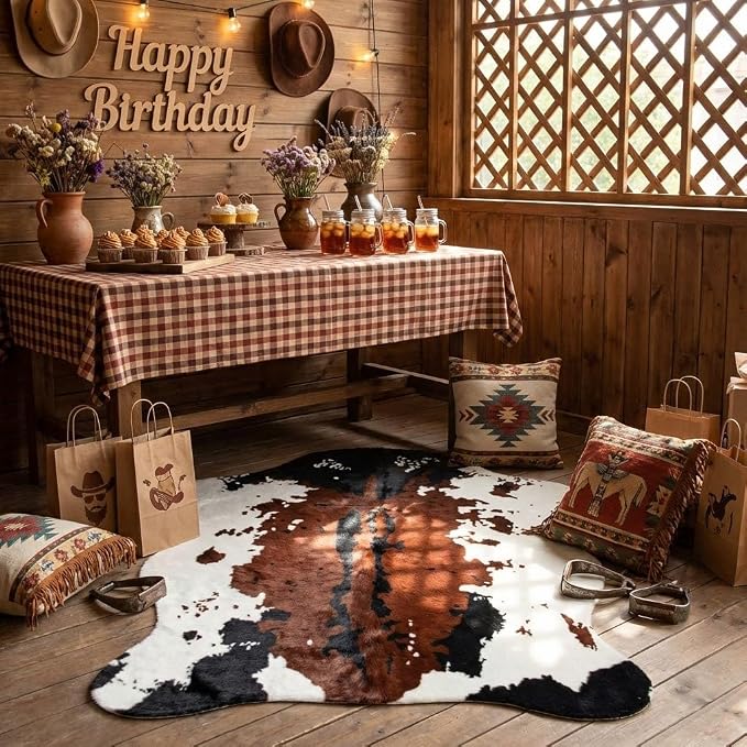 MustMat Brown Faux Cowhide Rug, American Rustic Decor 4'7"x 5'3" | Perfect For Corners & Sofa Front. Complements Western & Vintage Styles, Great for Halloween and Christmas Decor
