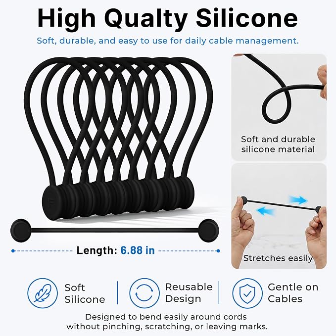 COOLMI Magnetic Cable Ties 8 Pack, 6.88 Inch Reusable Silicone Cord Organizer Wraps, Strong Magnet Cable Management Straps for Charging Cords, USB Cables, Earbuds, Desk, Travel, Black