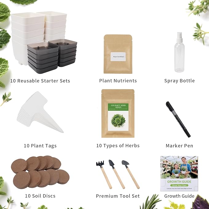 Indoor Herb Garden Starter Kit, 10 Non-GMO Herb Seeds for Basil, Parsley, Thyme, Mint, Cilantro, Dill, Oregano, Chives, Sage, Mustard Including 10 White Pots, Nutritional Soil, Ideal Xmas Gift