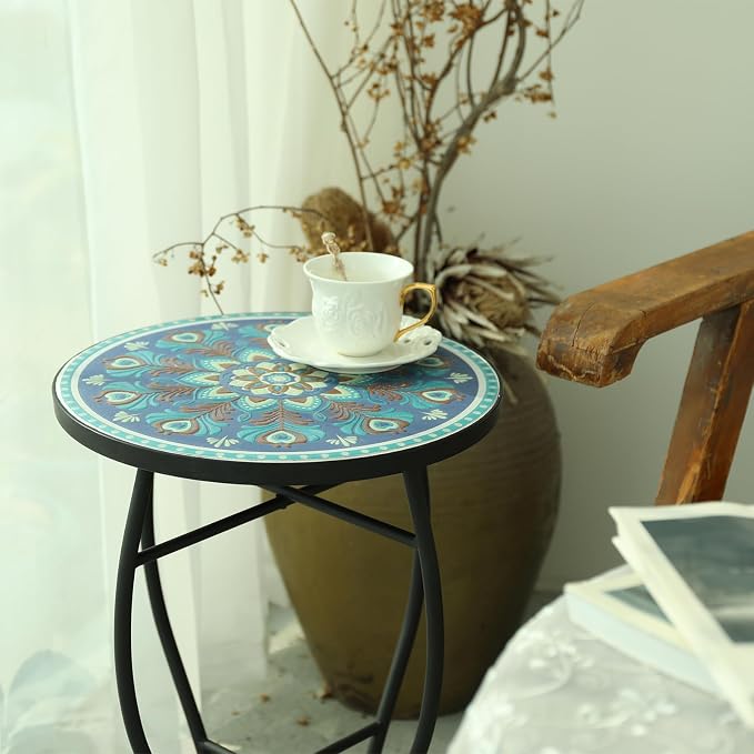 VCUTEKA Mosaic Outdoor Side Table, 14" Round Small Patio Accent Table Indoor End Table for Yard, Garden, Living Room, Bistro Balcony or Lawn