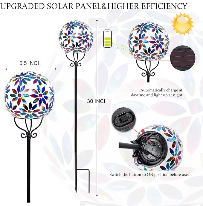 VCUTEKA Decorative Solar Garden Lights, 6" Mosaic Globe Outdoor Stake | Mosaic Glass Design, Solar LED Light, Weather Resistant, Auto On/Off and Metal Stake Design For Lawn and Patio, Multi