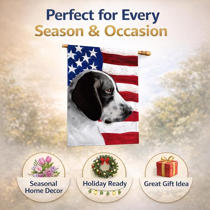 Caroline's Treasures CK6457CHF Braque d'Auvergne Dog American Flag House Flag Large Porch Sleeve Pole Decorative Outside Yard Banner Artwork Wall Hanging, Polyester, House Size, Multicolor