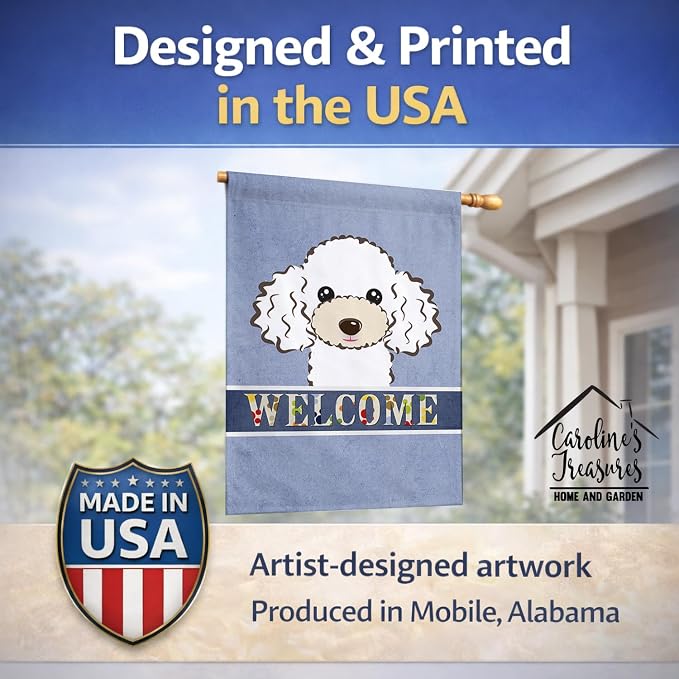 Caroline's Treasures BB1443CHF White Poodle Welcome House Flag, Blue Large Porch Sleeve Pole Decorative Outside Yard Banner Artwork Wall Hanging, Polyester, House Size, Multicolor