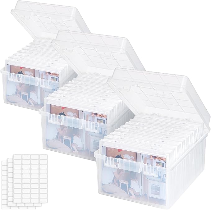 Lifewit 3 Pcs Photo Storage Set with 9 pcs 5"x7" Inner Photo Box& 28 x 22 cm/11x8.5 Transport Case, Craft Organizer for Seed Cards Pictures Office Supplies with 1 Sheet Label Sticker, Clear