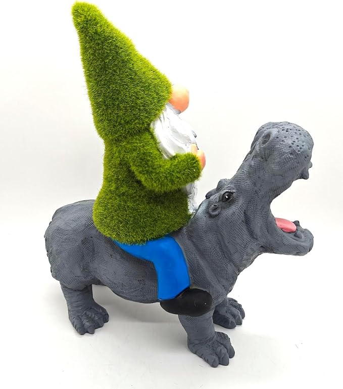 11.8" Gnome Riding Hippo Solar Statue Gnome Solar Statues with Solar Lantern Hippo Garden Decor Patio Balcony Yard Lawn Unique House Warming Gift