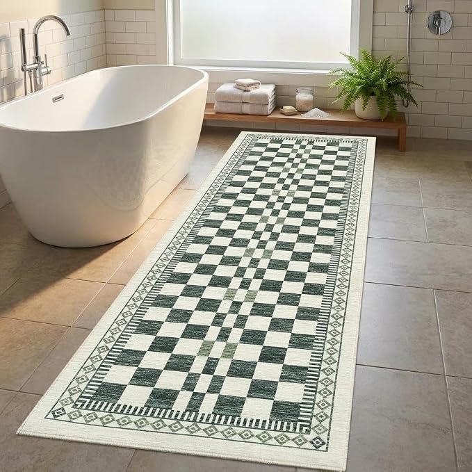 GarveeHome 2x6 Runner Rug for Bathroom Modern Abstract Checkered Carpet | Contemporary Non-Slip Low Pile Throw Rugs Easy-Clean Sage Green Long Runners Premium Soft Area Rug for Kitchen Hallway