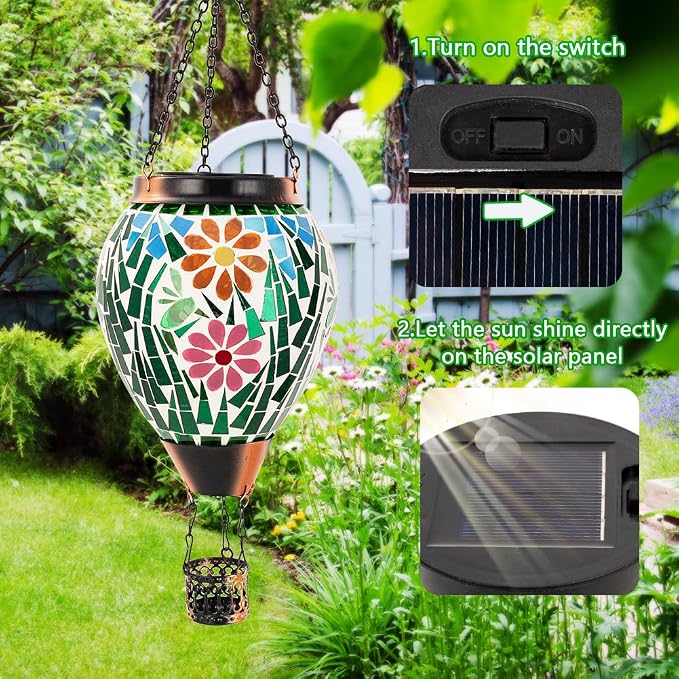 Hot Air Balloon Solar Lantern for Garden, Yard, Patio Decor | Handmade Glass, Hanging Outdoor Lanterns Waterproof, Decorative Solar Light