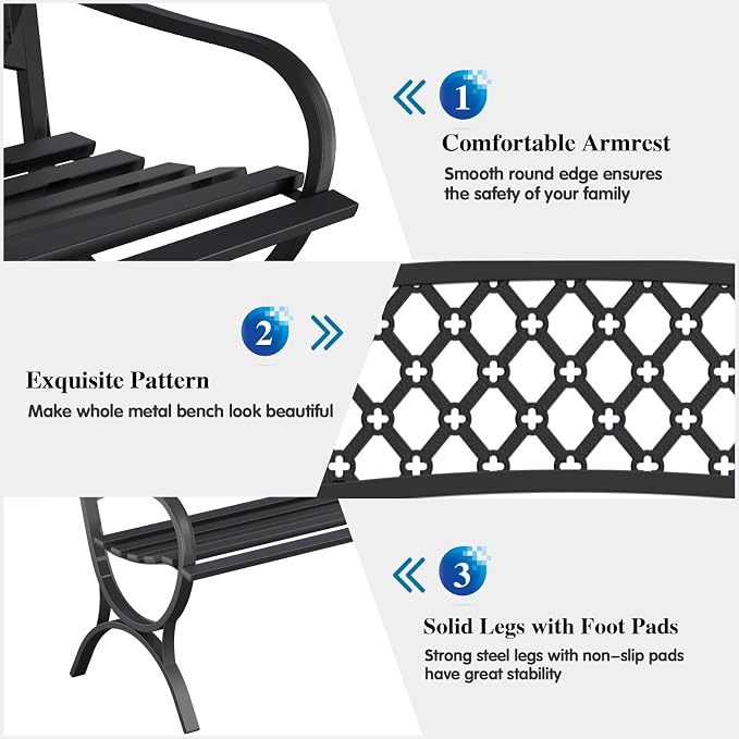 On Shine 50'' Patio Garden Bench, Loveseats Patio Park Bench,Black Steel Cast Iron Frame Bench,Metal Bench Outdoor for Porch Yard Lawn Deck (Grid)
